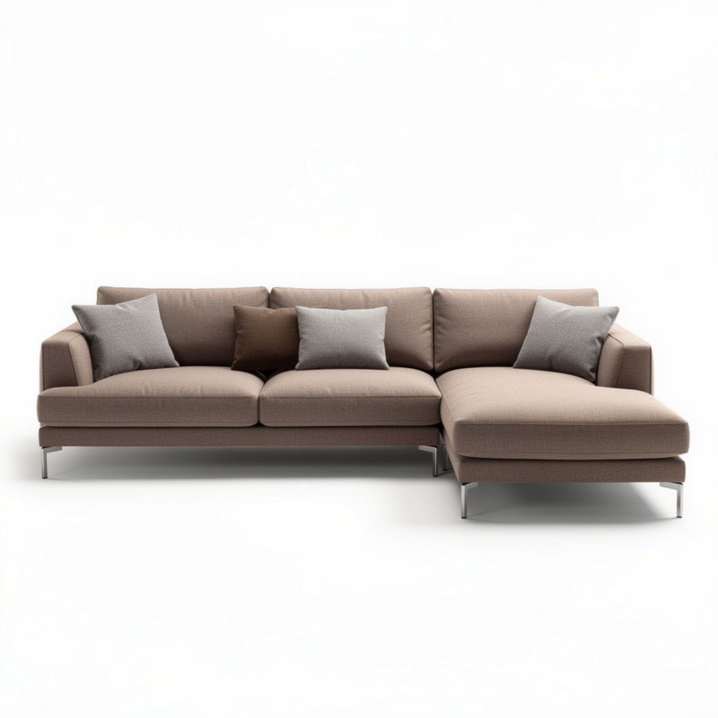 L-vormige bank met stoffen bekleding in taupe en kussen 220 x 100 x 85cm