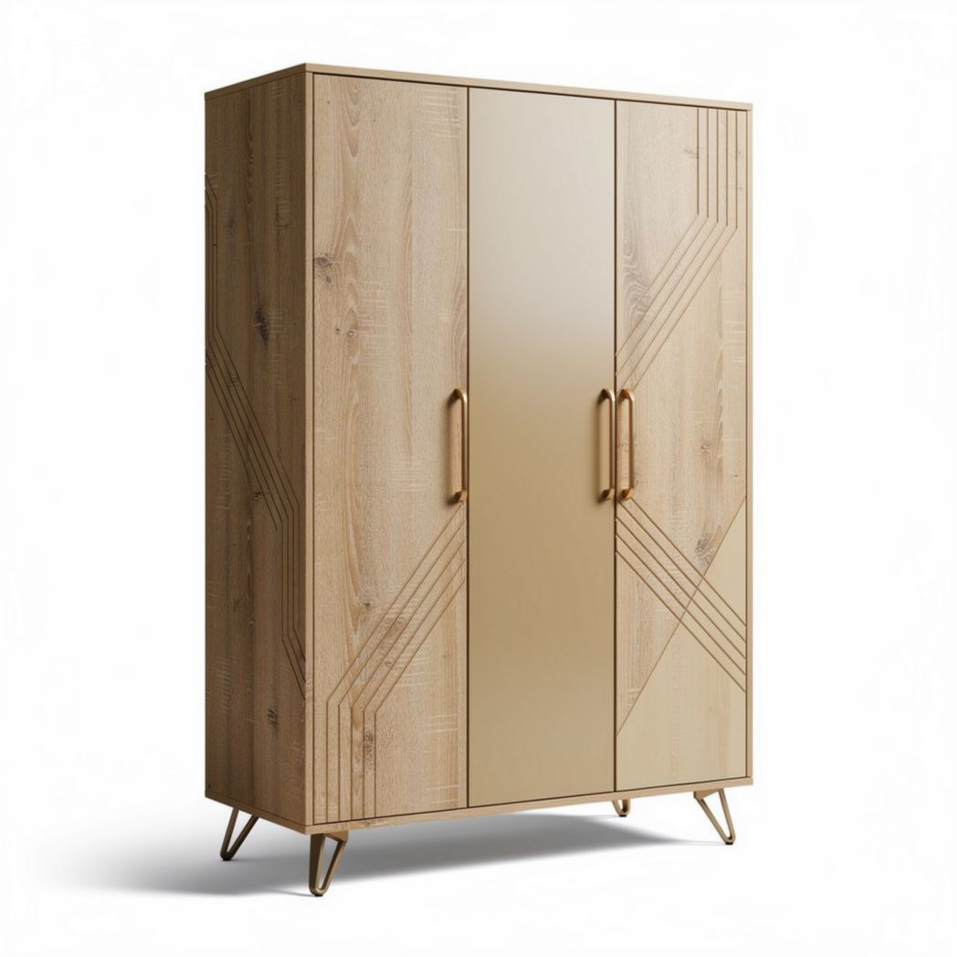 Kast van hout in beige en bruin met spiegeldeuren en metalen poten 180 x 90 x 50cm
