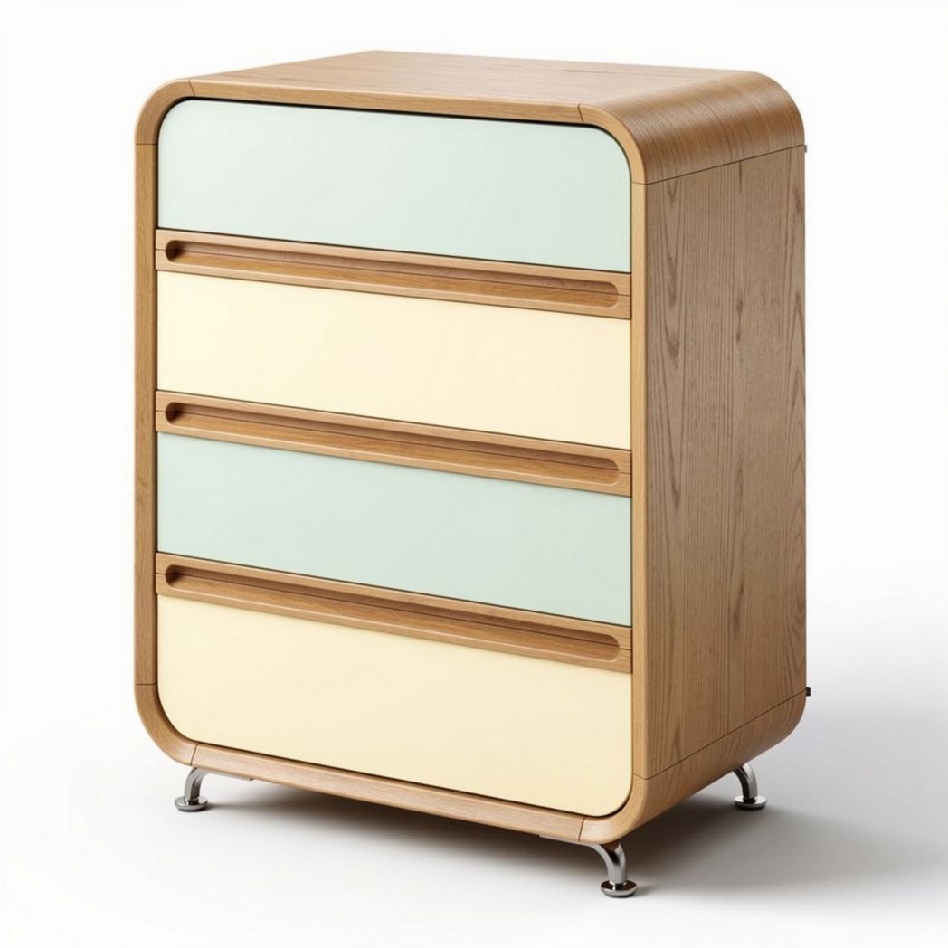 houten kast met vier lades en gelakte fronten in pastelkleuren 80 x 60 x 80cm