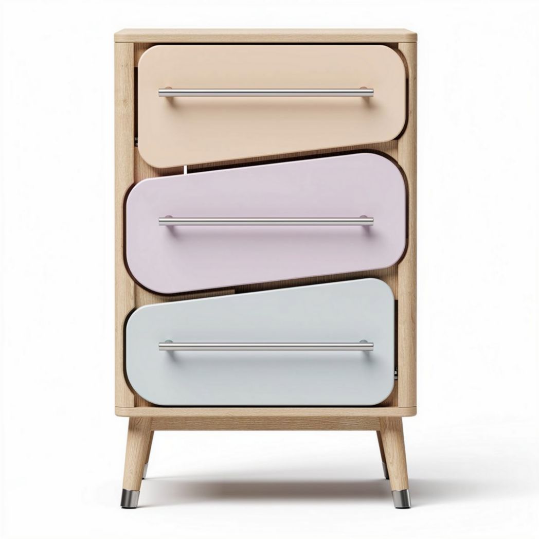 Houten ladekast met drie asymmetrische lades in pastelkleuren 50 x 40 x 70cm