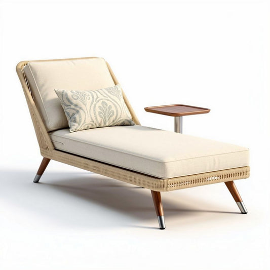 Loungestoel van rotan met kussen en houten tafeltje 200 x 80 x 70cm beige
