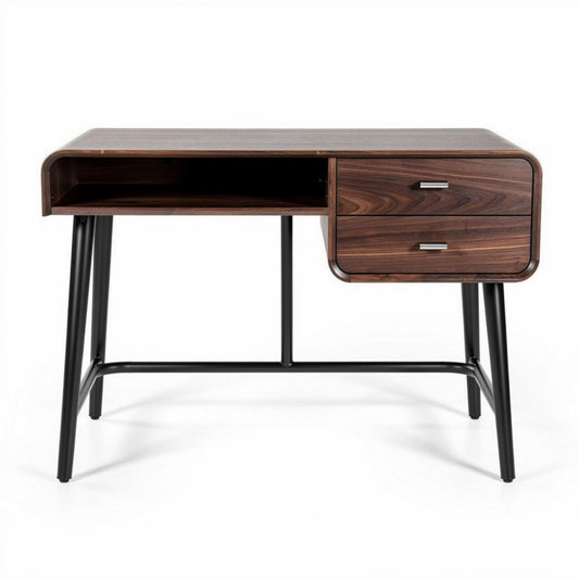 Houten bureau met metalen poten en twee lades 100 x 50 x 75cm