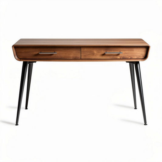 Bureau van hout met metalen poten en twee lades 120 x 60 x 75cm
