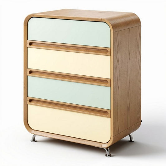 houten kast met vier lades en gelakte fronten in pastelkleuren 80 x 60 x 80cm