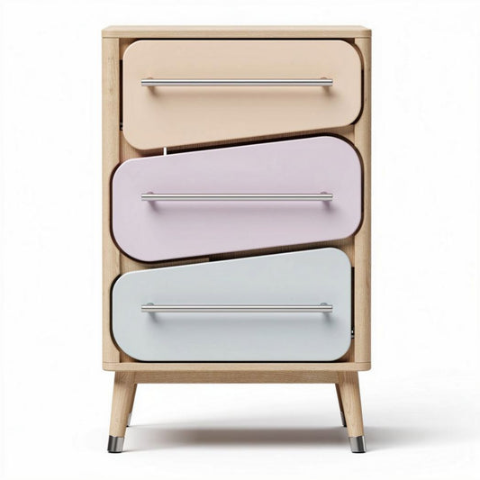 Houten ladekast met drie asymmetrische lades in pastelkleuren 50 x 40 x 70cm