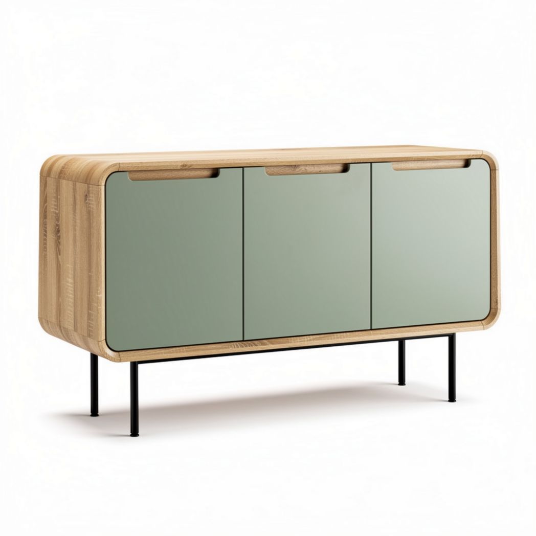 houten kast met drie deuren en glazen fronten in naturel en groen 120 x 40 x 80cm
