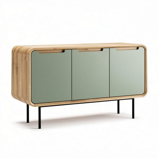houten kast met drie deuren en glazen fronten in naturel en groen 120 x 40 x 80cm